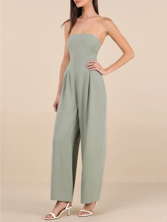 Lulus Pants - Lulu's Strapless Wide-Leg Jumpsuit in Sage